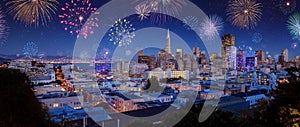 Downtown San Francisco city scape with fireworks on New Years