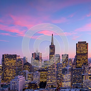 Downtown San Francisco at sunset.