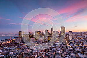 Downtown San Francisco at sunset.