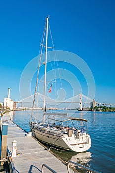 Downtown Savannah riverfront with blue sky