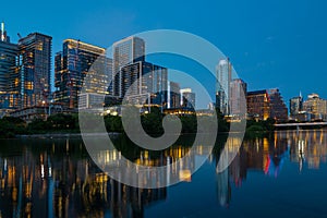 Downtown Skyline of Austin, Texas in USA. Austin Sunset on the Colorado River. Night sunset city.