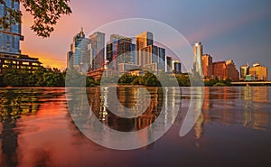 Downtown Skyline of Austin, Texas in USA. Austin Sunset on the Colorado River. Night sunset city.