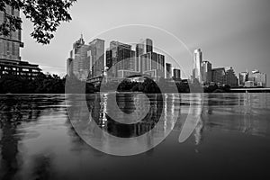 Downtown Skyline of Austin, Texas in USA. Austin Sunset on the Colorado River. Night sunset city.