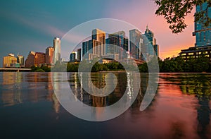 Downtown Skyline of Austin, Texas in USA. Austin Sunset on the Colorado River. Night sunset city.