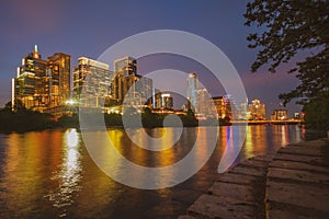 Downtown Skyline of Austin, Texas in USA from view at sunset. Night sunset city.