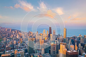 Downtown skyline of Chicago from top view in USA