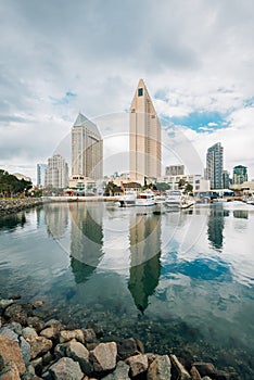 The downtown skyline and a marina at the Embarcadero in San Diego, California