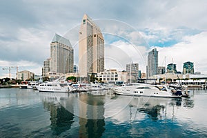 The downtown skyline and a marina at the Embarcadero in San Diego, California