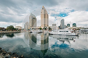 The downtown skyline and a marina at the Embarcadero in San Diego, California