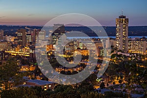 Downtown skyline at night in Hamilton, Ontario