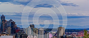 City skyline panorama with Mount Rainier at sunset in Seattle, Washington