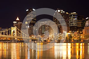 Downtown skyline and Roberto Clemente Bridge over Allegheny River, Pittsburgh, Pennsylvania