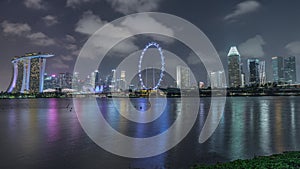 Downtown skyline of Singapore as viewed from across the water from The Garden East night timelapse. Singapore.