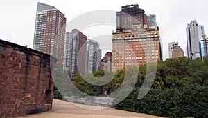 Downtown skyline, view from the Battery Park at the corner of the Castle Clinton, New York, NY