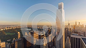 Downtown skyscrapers at sunrise with clear skies. Urban landscape, modern architecture. City skyline, serene morning