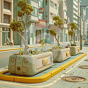 Downtown smart city street lined with phyto-remediation gardens, illustrating solutions for cleaner air and urban beautification photo
