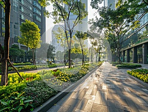 Downtown smart city street lined with phyto-remediation gardens, illustrating solutions for cleaner air and urban beautification photo