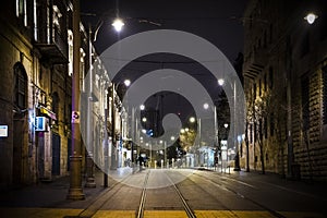 Downtown street scene in Jerusalem after dark