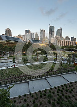 Downtown Sydney skyline in Australia with Tumbalong park