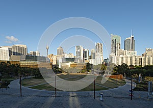 Downtown Sydney skyline in Australia with Tumbalong park