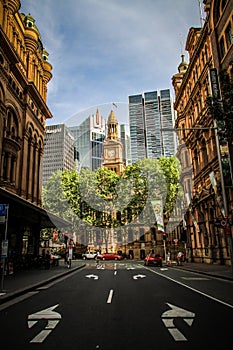 Downtown Sydney and town hall clock tower around midday Sydney, New South Wales, Australia