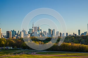 Downtown Toronto Canada panoramic cityscape skyline view over Riverdale Park in Ontario