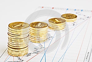 Downtrend coins stacks on financial chart.