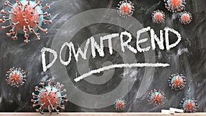 Downtrend and covid virus - pandemic turmoil and Downtrend pictured as corona viruses attacking a school blackboard with a written