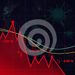 Downtrend line graph in stock market on red and a virus abstract background photo