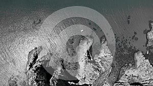 Downward aerial view of beautiful southern Italian coastline. Capo Vaticano, Calabria. Overhead panorama in summer