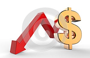 Downward growth arrow with 3d dollar symbol sign. Economic recession concept. 3d illustration.