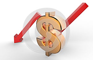 Downward growth arrow with 3d dollar symbol sign. Economic recession concept. 3d illustration.