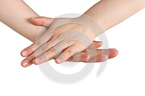 Downward hand in front of the white background