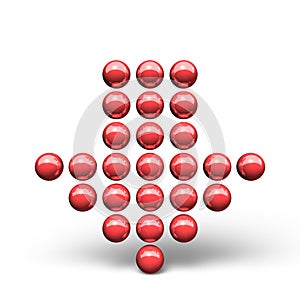 Downward red arrow made up of balls. set of dotsIcon representing descending and downward direction. 3D rendering. white