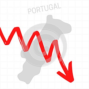 Portugal map with falling arrow. Financial stagnation, recession, crisis, business crash, stock markets down, economic collapse.