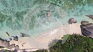 Downward view from a drone of La Digue Anse Source Argent Beach - Seychelles