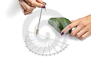 Dowser with hand-held pendulum checks the usefulness of avocado
