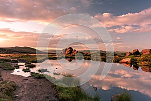 Doxey Pool reflections, and sunset at The Roaches, in the Peak District National Park, Staffordshire