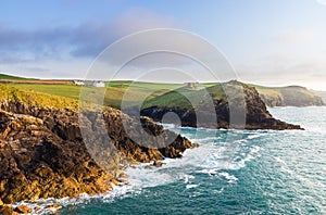 Doyden Castle in panorama of Cornwall coastline