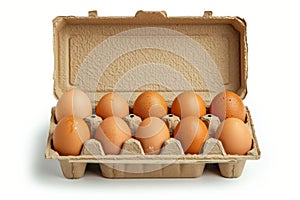 Open carton of brown eggs on white background. Neural network AI generated