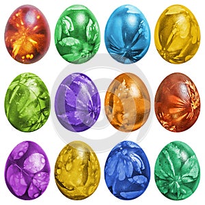 Dozen Colorful Easter Eggs Hand Painted And Decorated With Weed Leaves Imprints Isolated On White Background