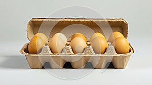 A dozen eggs in a carton on a white background