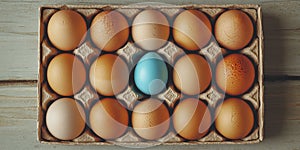 Dozen eggs with one blue egg in the middle
