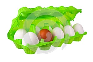 Dozen eggs white and one brown or red in open green plastic package on white background isolated close up