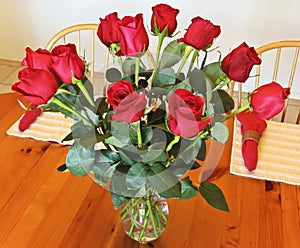 A Dozen Red Roses in a Crystal Vase