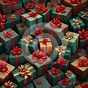 Dozens of boxes, gifts with red and gold bows. Gifts as a day symbol of present and