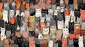 Dozens of cats of different colors and breeds