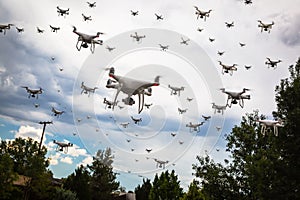 Dozens of Drones Swarm in the Ominous Sky.