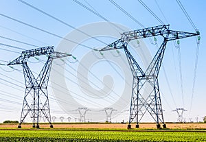 Dozens of electricity pylons in the countryside under a clear blue sky