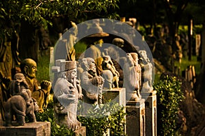 Dozens of minature buddha statues in a temples park in Kyoto. Warm sunset lighting and close up view